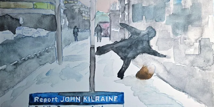 watercolour painting showing a man slipping on ice in dublin, with RTE news headers in the bottom left corner