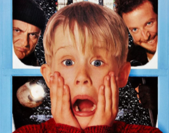home alone movie poster kevin screaming two robbers looking in