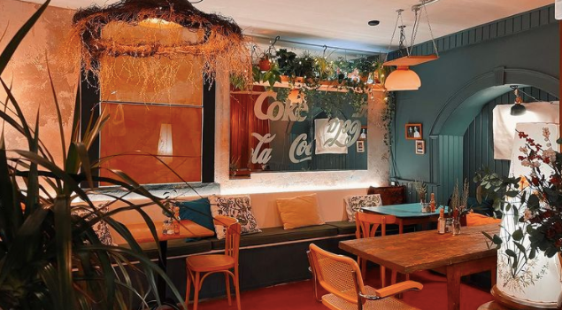 interior of a cafe with seats, colourful walls and plants