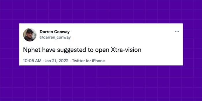 A tweet from Darren Conway reading "NPHET have suggested to open Xtra Vision" on a purple background