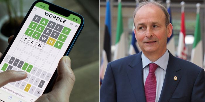 double image with a close up of a phone screen displaying a game of wordle on one side, and micheal martin on the other side