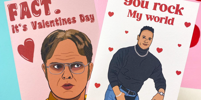 two illustrated cards; one reads "FACT. It's Valentines Day" with a drawing of Dwight from The Office underneath. One reads "You Rock My World" with a drawing of the Rock in his black polo neck and silver chain.
