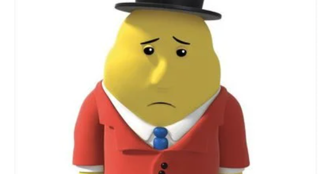 Mr Tayto in red jacket and black hat, looking sad