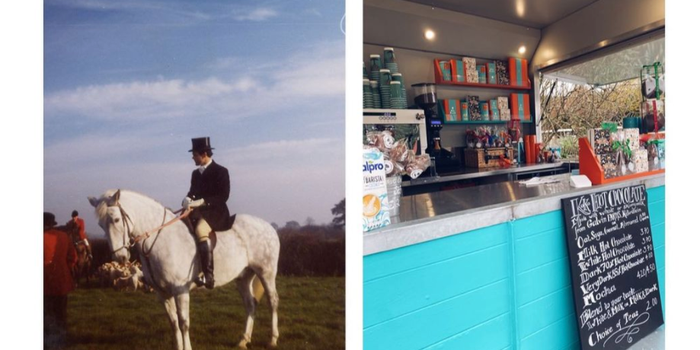 two pictures side by side, one old picture of a man in a top hat riding a horse, one of the inside of a horse box cafe with treats and coffee machine