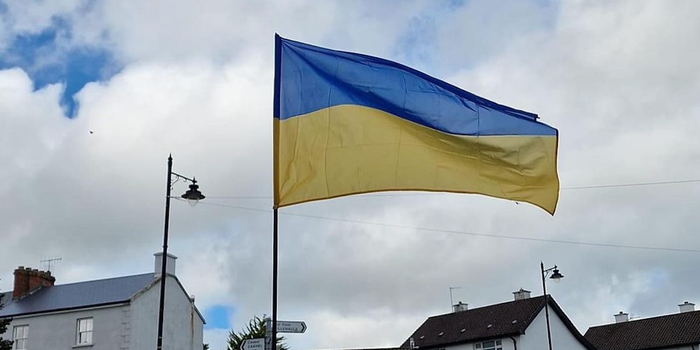 Ukrainian flag waving above Fethard in Tipperary