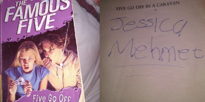 enid blyton book cover, and a second image showing inside the cover where the name 'jessica mehmet' is written