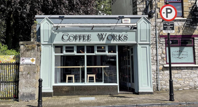 exterior of coffee works café in trim