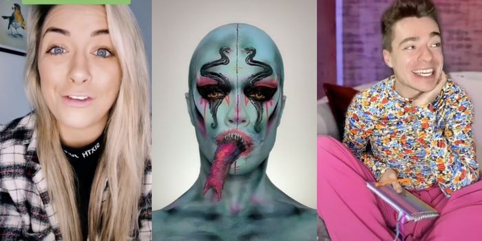 collage of three different tiktoks - one with a blonde woman looking at camera, one with an alien-type makeup look, one with a man in a colourful shirt and pink jeans sitting cross legged, mid conversation