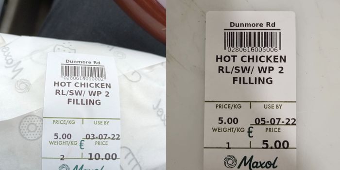 two deli style labels for hot chicken rolls from Maxol