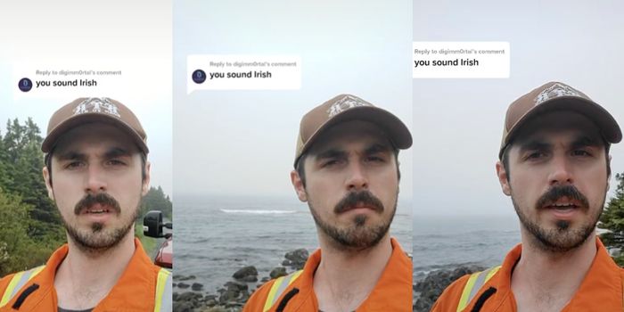 collage of a man in an orange jacket and brown baseball cap with a moustache speaking to the front-facing camera for a TikTok video