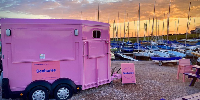 pink horse box cafe on a pier at sunset, boats in the background