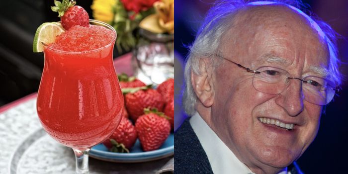 collage of a strawberry Daiquiri and michael d higgins