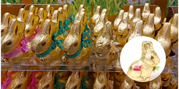 lindt chocolate bunnies on a shelf with a lidl bunny superimposed
