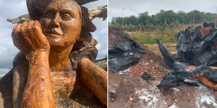 images of wooden sculpture of Eiriu before and after being fire damaged
