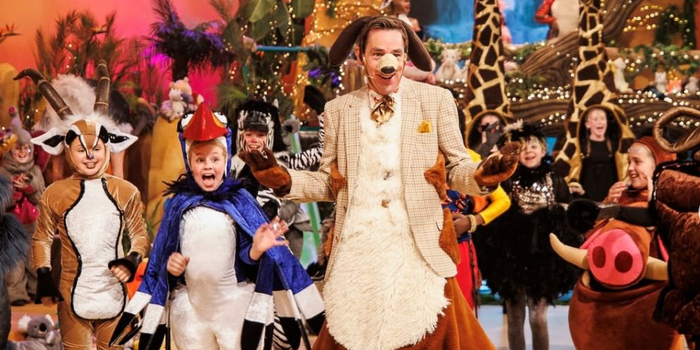 ryan tubridy and children in costumes on set of late late toy show