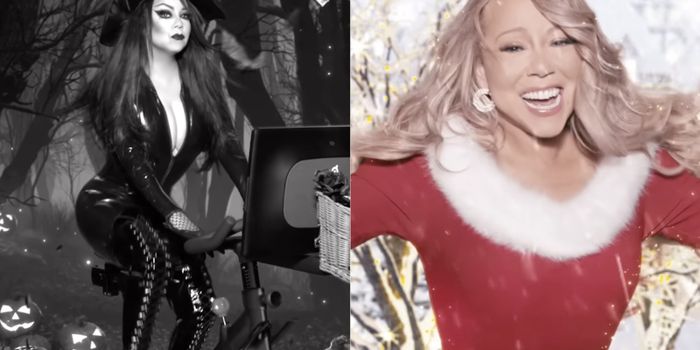split screen which shows mariah carey in a witches costume on a spinning machine in the first image, and a festive red and white outfit in the next