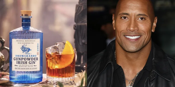 side by side images of a bottle of drumshanbo gin and a close up of Dwayne The Rock Johnson