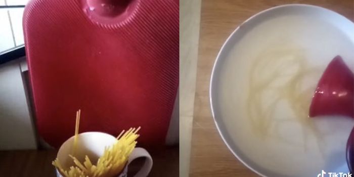 spaghetti and water being poured out of a hot water bottle