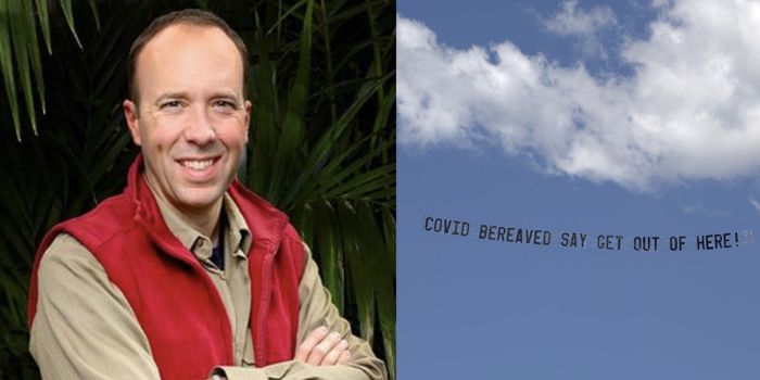photo of Matt Hancock alongside a sky banner which reads 'covid bereaved say get out of here'