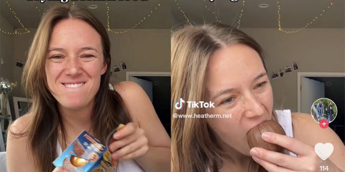 two tiktok screenshots of a woman holding and then eating a terrys chocolate orange