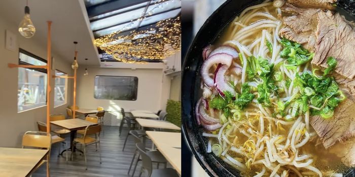 side by side images of the vikoviko bus interior and a bowl of pho