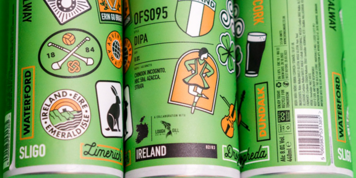 three beer cans with green, 'Irish' themed labelling