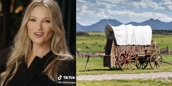 side by side images of Kate Moss smiling during an interview and a wagon in a field