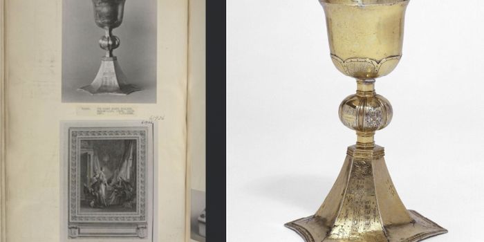 side by side images, one of a b&w photo of the o keefe chalice pasted into an old book and another image of the chalice itself on display