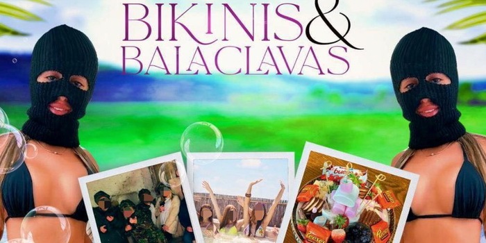 facebook ad which reads 'bikinis and balaclavas' - women wearing bikinis and balaclavas on either side of the caption, with smaller pictures of afternoon tea and spa treatments below