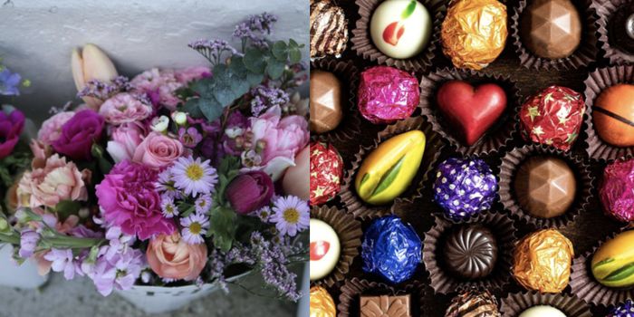 side by side images of a bunch of flowers and colourful box of chocolates