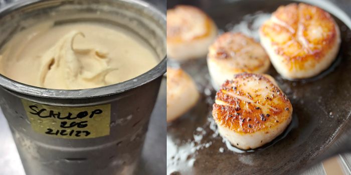 side by side images of a metal tub of ice cream and scallops in a pan