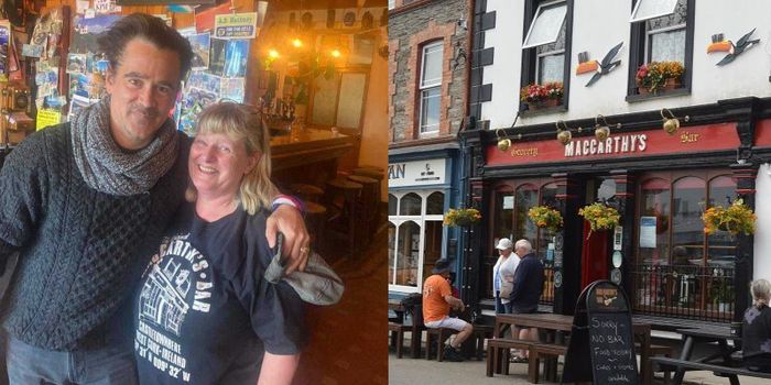 side by side images of colin farrell in a pub, smiling with his arm around a woman and the exterior of maccarthys pub