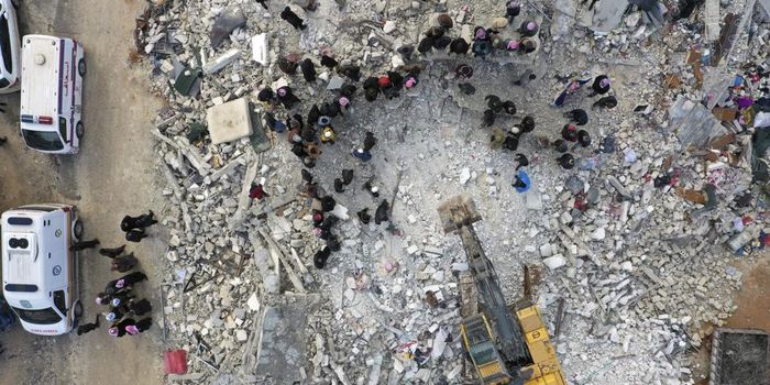 overhead shot of wreckage after the earthquake in turkey-syria