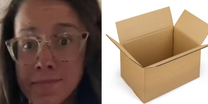 side by side images of a woman looking at camera and a cardboard box