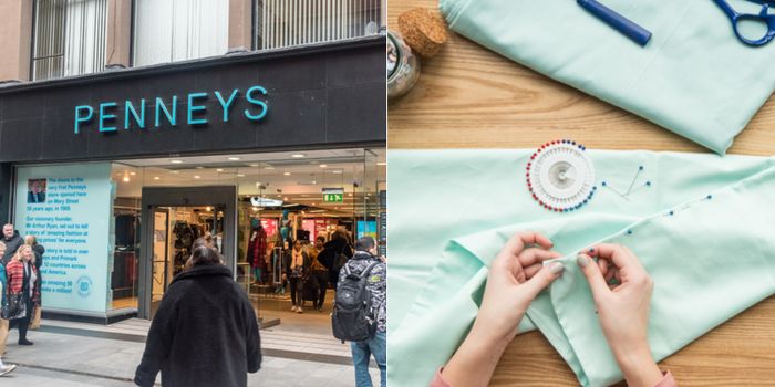 the exterior of penneys and a close up of a pair of hands stitching a garment